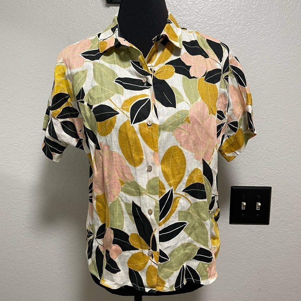 Rachel Zoe 100% Linen Tropical Floral Print Button Down Top Size SMALL